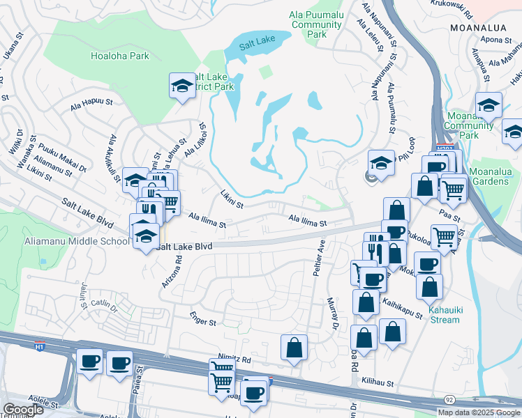 map of restaurants, bars, coffee shops, grocery stores, and more near 5273 Likini Street in Honolulu