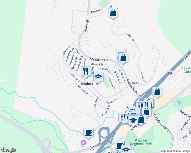 map of restaurants, bars, coffee shops, grocery stores, and more near 92-619 Auwaea Street in Kapolei