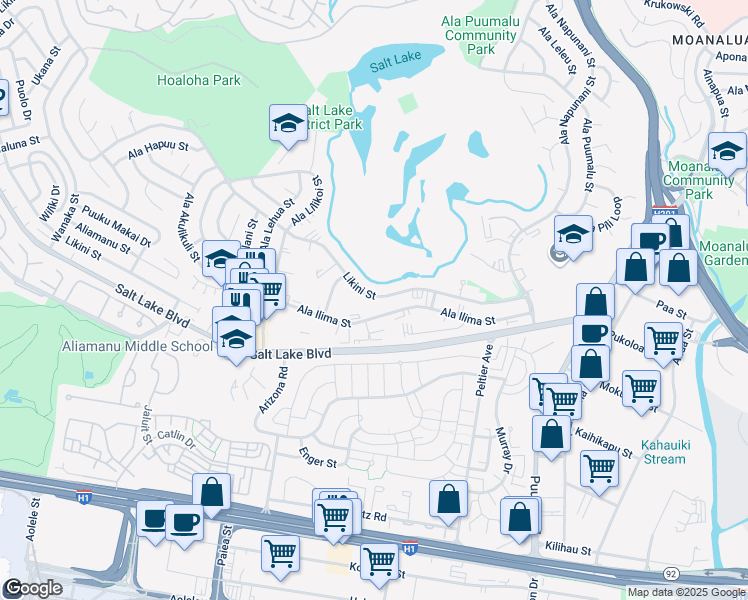 map of restaurants, bars, coffee shops, grocery stores, and more near 5217 Likini Street in Honolulu