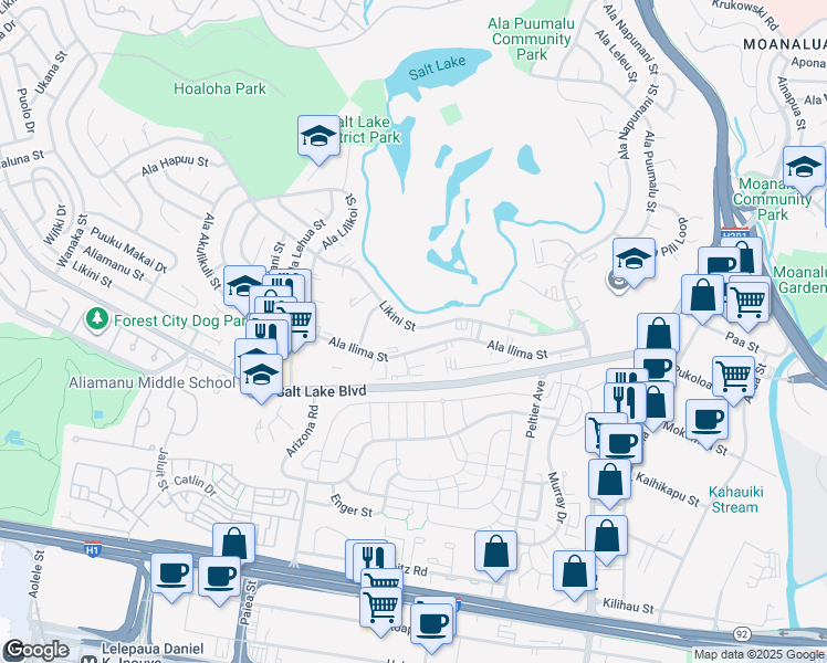 map of restaurants, bars, coffee shops, grocery stores, and more near 5210 Likini Street in Honolulu