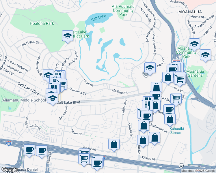 map of restaurants, bars, coffee shops, grocery stores, and more near 5273 Likini Street in Honolulu