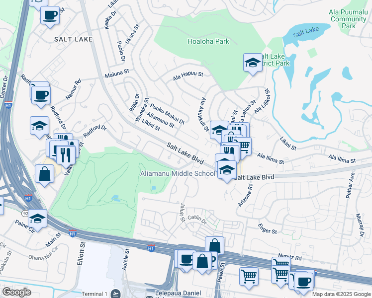 map of restaurants, bars, coffee shops, grocery stores, and more near 3463 Likini Street in Honolulu
