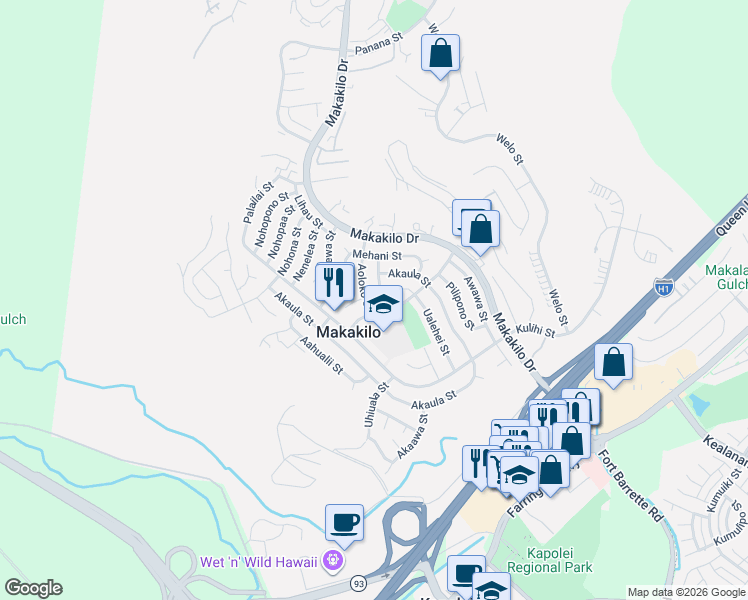 map of restaurants, bars, coffee shops, grocery stores, and more near 92-619 Auwaea Street in Kapolei