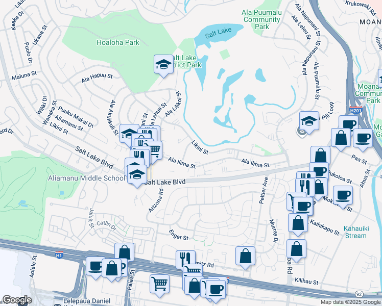map of restaurants, bars, coffee shops, grocery stores, and more near 5180 Likini Street in Honolulu