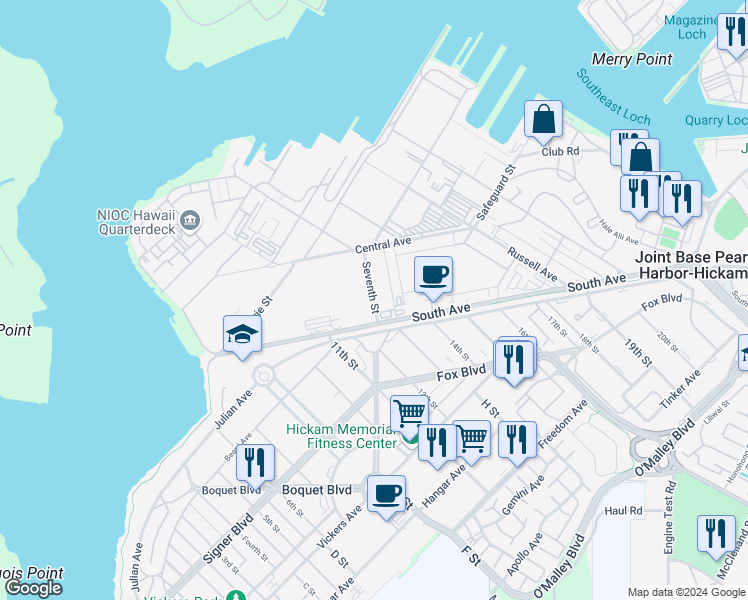 map of restaurants, bars, coffee shops, grocery stores, and more near 129 7th Street in Honolulu