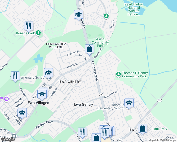 map of restaurants, bars, coffee shops, grocery stores, and more near 91-1229 Puamaeole Street in Ewa Beach