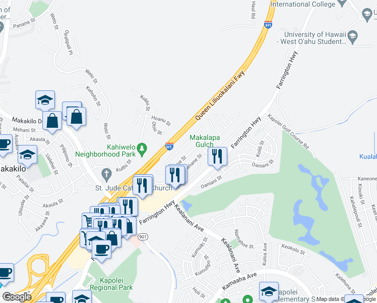 map of restaurants, bars, coffee shops, grocery stores, and more near 91-1476 Halahua Street in Kapolei