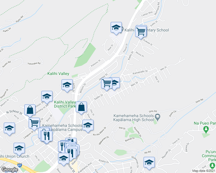 map of restaurants, bars, coffee shops, grocery stores, and more near 2322F Kalihi Street in Honolulu