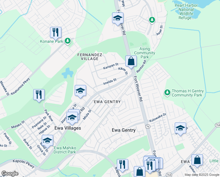 map of restaurants, bars, coffee shops, grocery stores, and more near 91 Renton Road in Ewa Beach