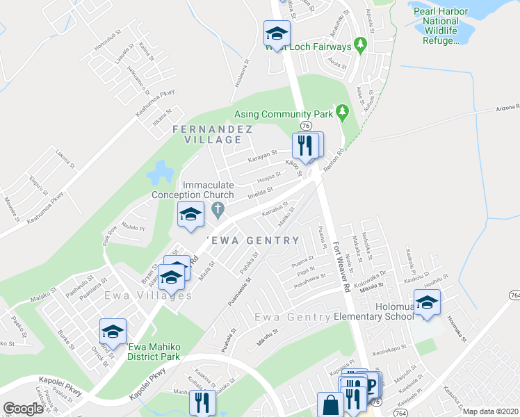 map of restaurants, bars, coffee shops, grocery stores, and more near Auwaha Street in Ewa Villages