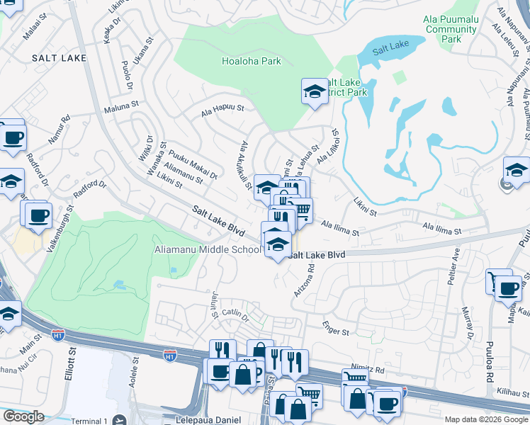 map of restaurants, bars, coffee shops, grocery stores, and more near 3333 Ala Akulikuli Street in Honolulu