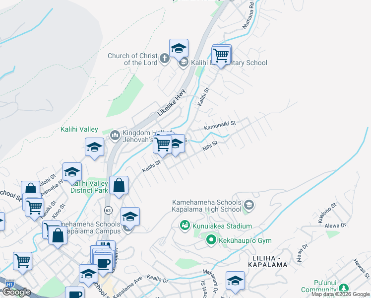 map of restaurants, bars, coffee shops, grocery stores, and more near 1721 Monte Street in Honolulu