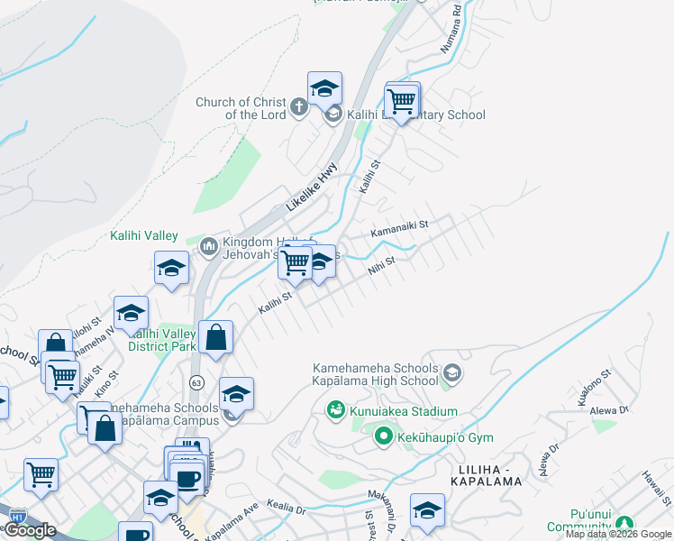map of restaurants, bars, coffee shops, grocery stores, and more near 1721 Monte Street in Honolulu