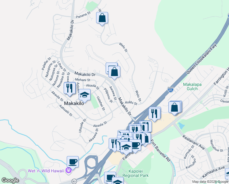 map of restaurants, bars, coffee shops, grocery stores, and more near 92-546 Waokele Street in Kapolei