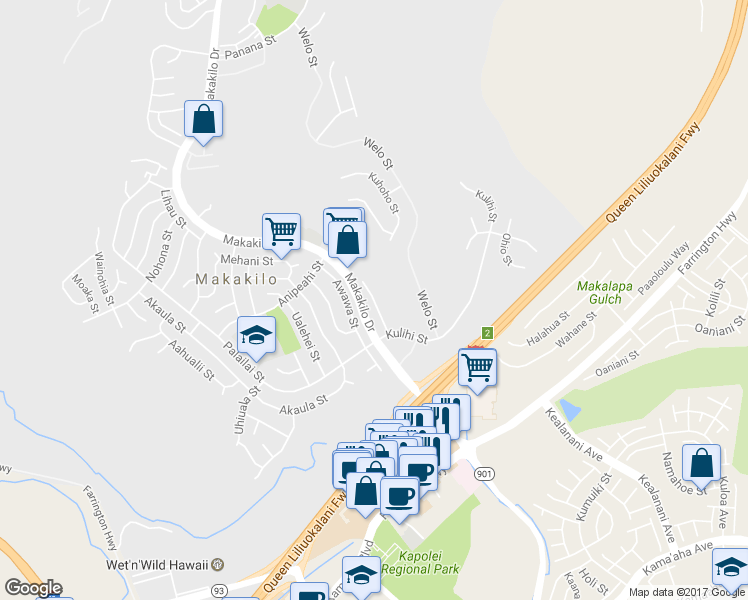 map of restaurants, bars, coffee shops, grocery stores, and more near 92-536 Waokele Street in Kapolei