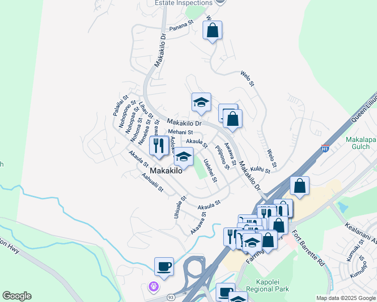 map of restaurants, bars, coffee shops, grocery stores, and more near 92-619 Auwaea Street in Kapolei