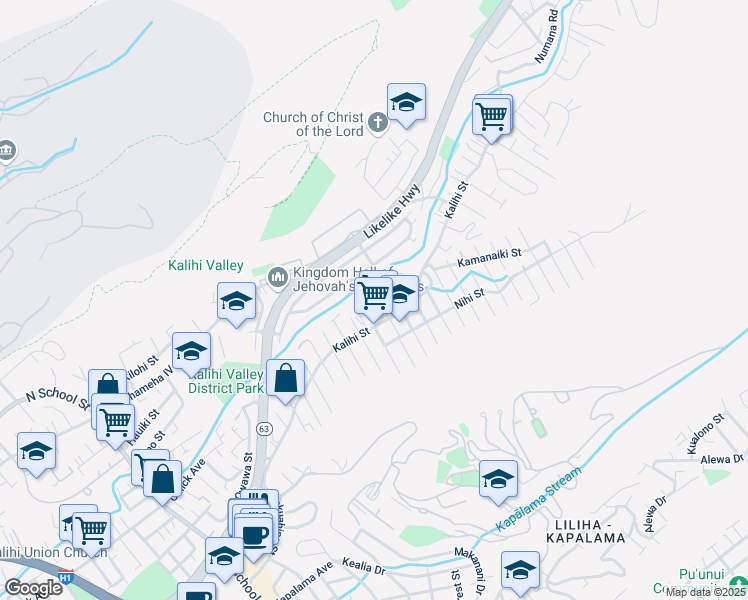 map of restaurants, bars, coffee shops, grocery stores, and more near 2322F Kalihi Street in Honolulu