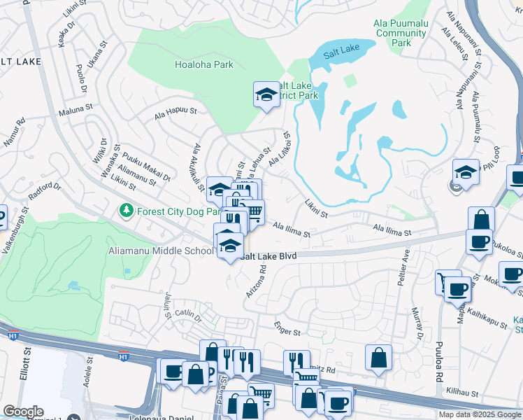 map of restaurants, bars, coffee shops, grocery stores, and more near 925 Ala Lilikoi Street in Honolulu