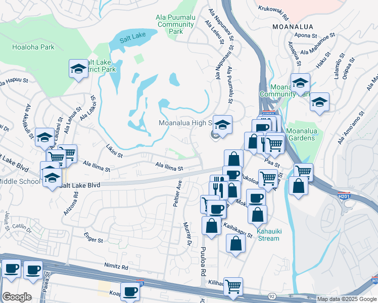 map of restaurants, bars, coffee shops, grocery stores, and more near 1070 Ala Napunani Street in Honolulu