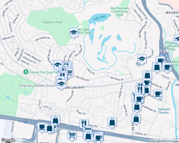 map of restaurants, bars, coffee shops, grocery stores, and more near 5165 Likini Street in Honolulu