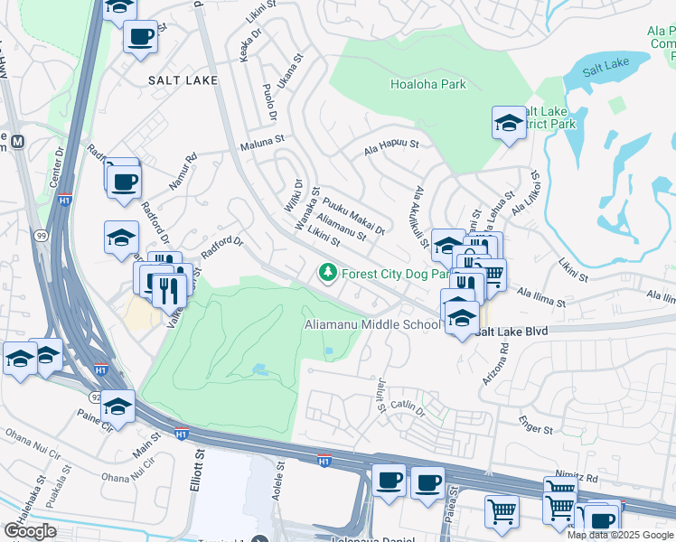 map of restaurants, bars, coffee shops, grocery stores, and more near 3464 Taylor Street in Honolulu