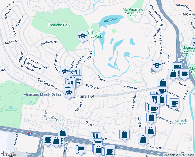 map of restaurants, bars, coffee shops, grocery stores, and more near 5165 Likini Street in Honolulu