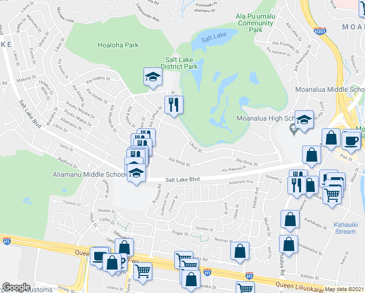 map of restaurants, bars, coffee shops, grocery stores, and more near 5165 Likini Street in Honolulu