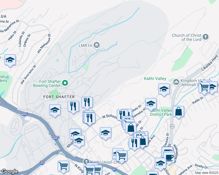 map of restaurants, bars, coffee shops, grocery stores, and more near 2049 Simpson Street in Honolulu