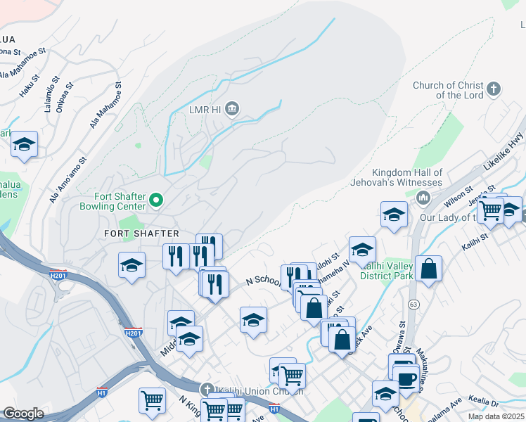 map of restaurants, bars, coffee shops, grocery stores, and more near 2145 Simpson Street in Honolulu