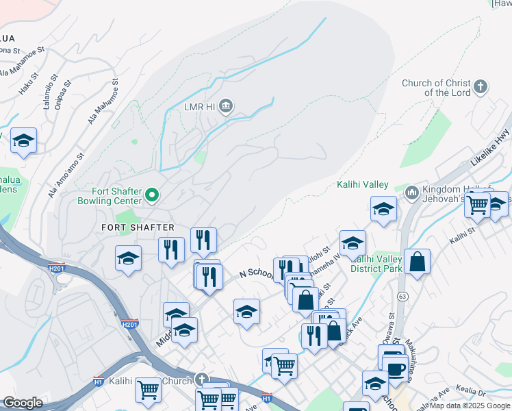 map of restaurants, bars, coffee shops, grocery stores, and more near 2035 Simpson Street in Honolulu