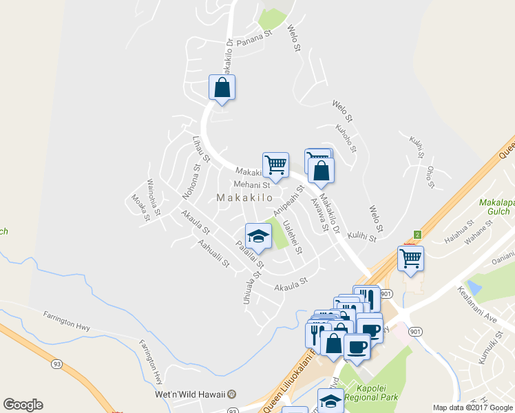 map of restaurants, bars, coffee shops, grocery stores, and more near 92-619 Auwaea Street in Kapolei