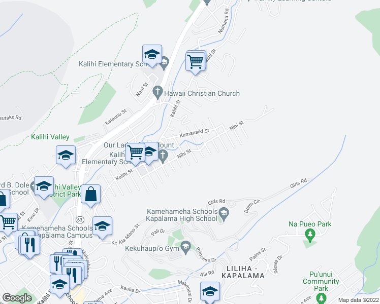 map of restaurants, bars, coffee shops, grocery stores, and more near 2637 Nihi Street in Honolulu