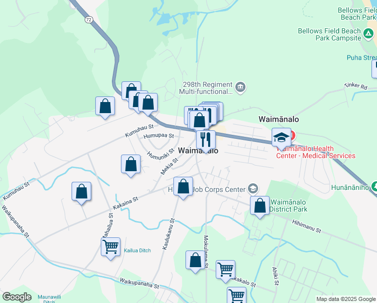 map of restaurants, bars, coffee shops, grocery stores, and more near 41-558 Mekia Street in Waimanalo