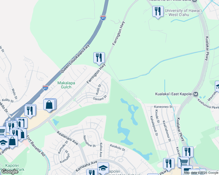 map of restaurants, bars, coffee shops, grocery stores, and more near 91-1022 Oaniani Street in Kapolei