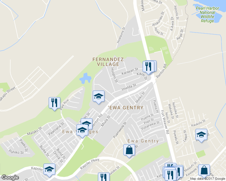 map of restaurants, bars, coffee shops, grocery stores, and more near 91-1714 Ala Loa Street in Ewa Beach