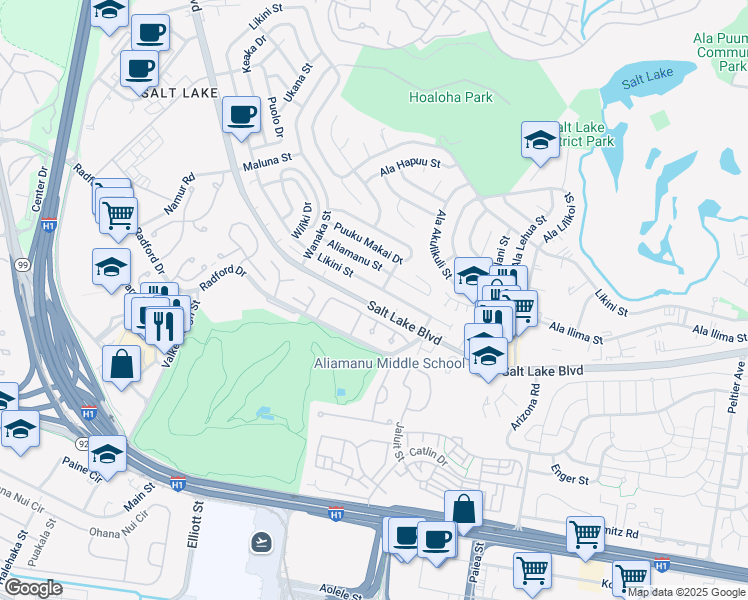map of restaurants, bars, coffee shops, grocery stores, and more near 3484 Salt Lake Boulevard in Honolulu
