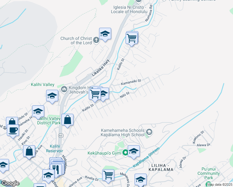map of restaurants, bars, coffee shops, grocery stores, and more near 1617 Wailele Street in Honolulu