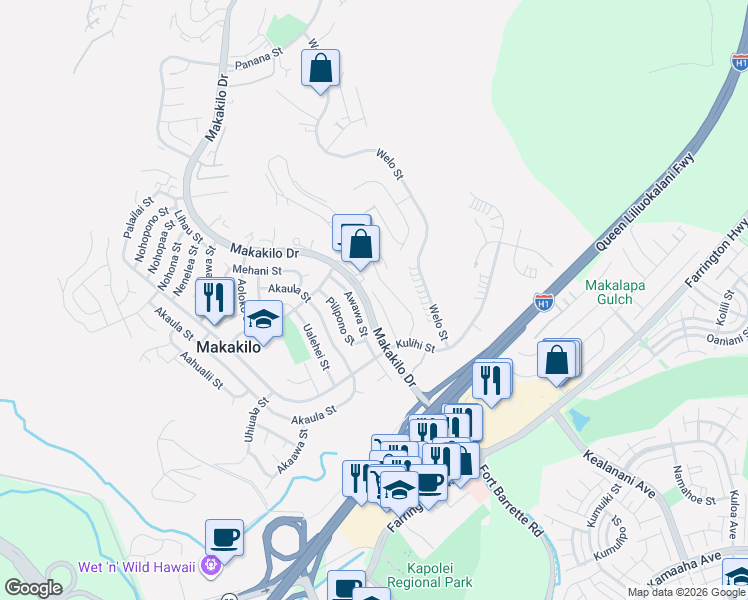 map of restaurants, bars, coffee shops, grocery stores, and more near 92-546 Waokele Street in Kapolei