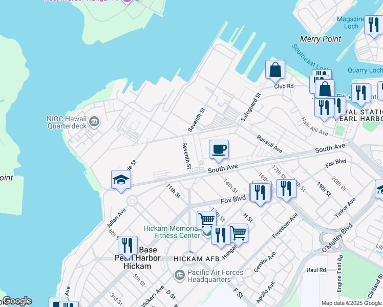 map of restaurants, bars, coffee shops, grocery stores, and more near 145 7th Street in Honolulu