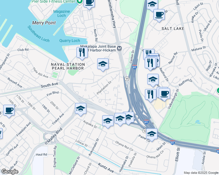 map of restaurants, bars, coffee shops, grocery stores, and more near 1406 Gombasy Court in Honolulu