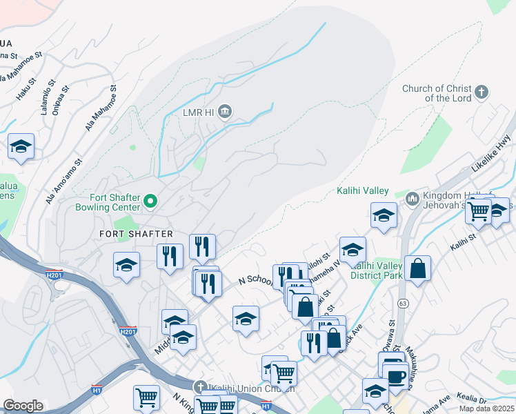 map of restaurants, bars, coffee shops, grocery stores, and more near 2191 Simpson Street in Honolulu