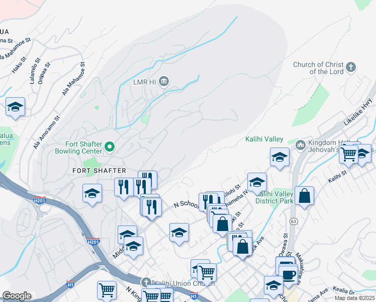 map of restaurants, bars, coffee shops, grocery stores, and more near 2191 Simpson Street in Honolulu
