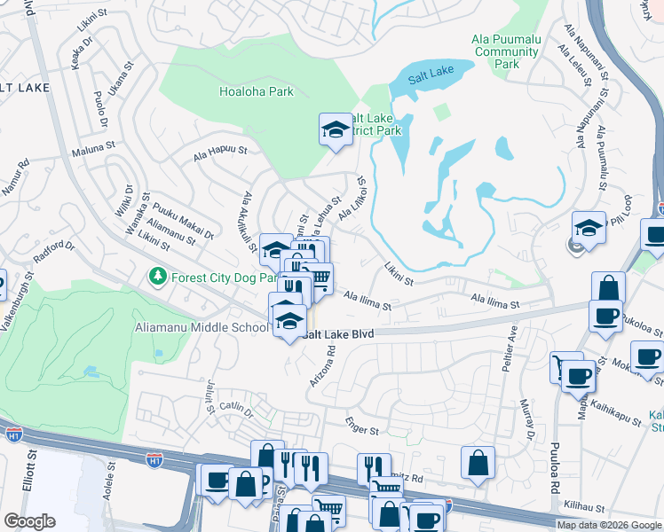 map of restaurants, bars, coffee shops, grocery stores, and more near 925 Ala Lilikoi Street in Honolulu