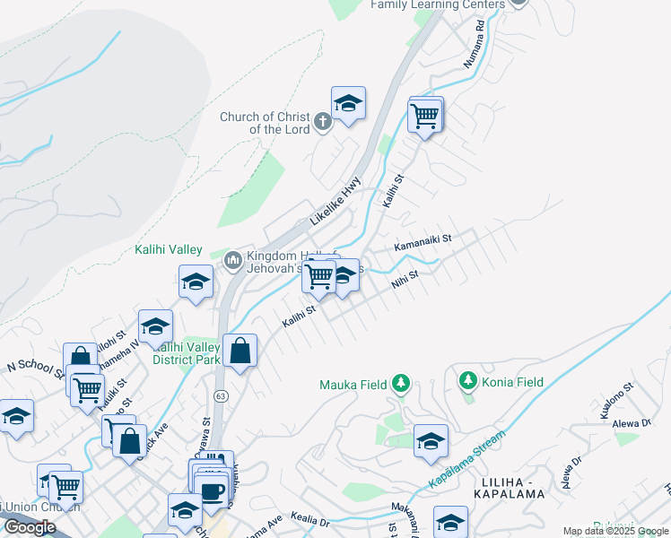 map of restaurants, bars, coffee shops, grocery stores, and more near 2322F Kalihi Street in Honolulu