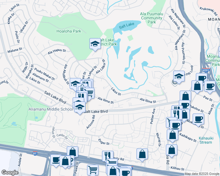 map of restaurants, bars, coffee shops, grocery stores, and more near 990 Ala Nanala Street in Honolulu