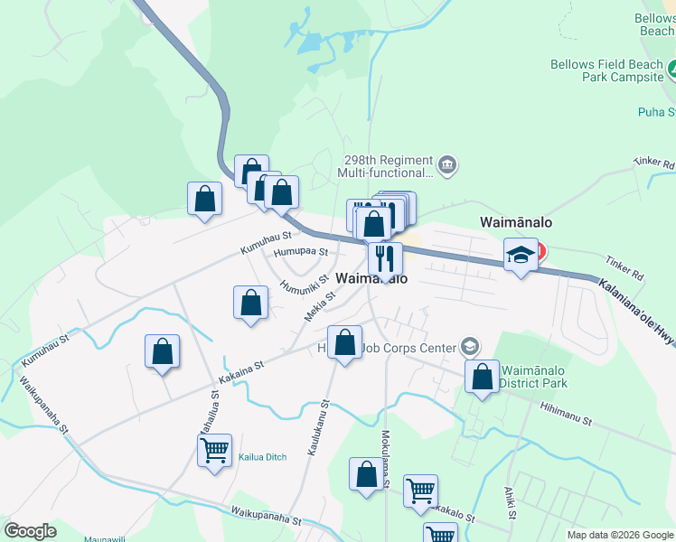 map of restaurants, bars, coffee shops, grocery stores, and more near 41-558 Mekia Street in Waimanalo
