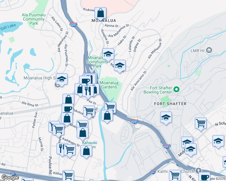 map of restaurants, bars, coffee shops, grocery stores, and more near 2850 Moanalua Road in Honolulu