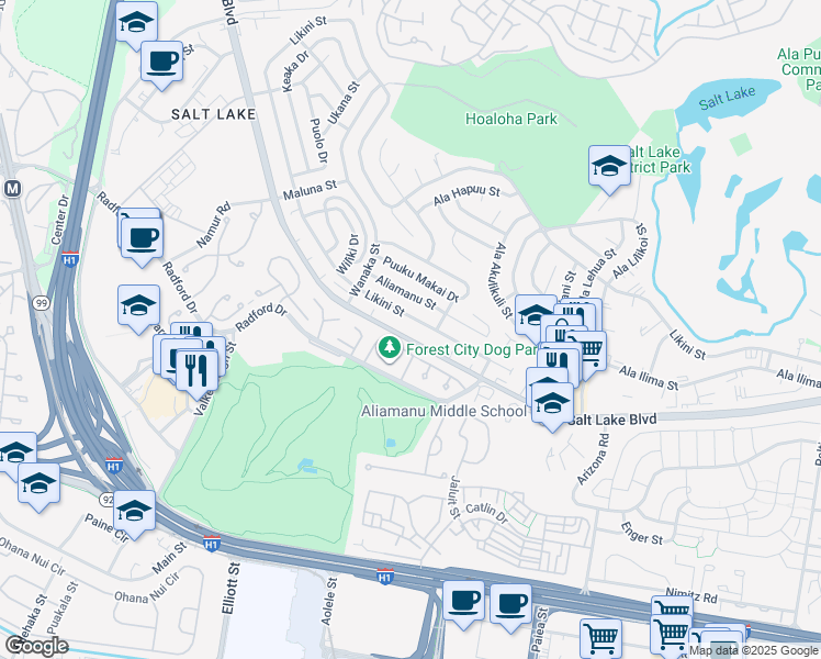 map of restaurants, bars, coffee shops, grocery stores, and more near 3464 Taylor Street in Honolulu