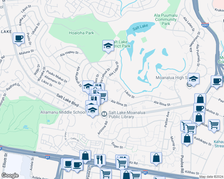map of restaurants, bars, coffee shops, grocery stores, and more near 990 Ala Nanala Street in Honolulu