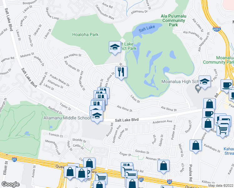 map of restaurants, bars, coffee shops, grocery stores, and more near 990 Ala Nanala Street in Honolulu
